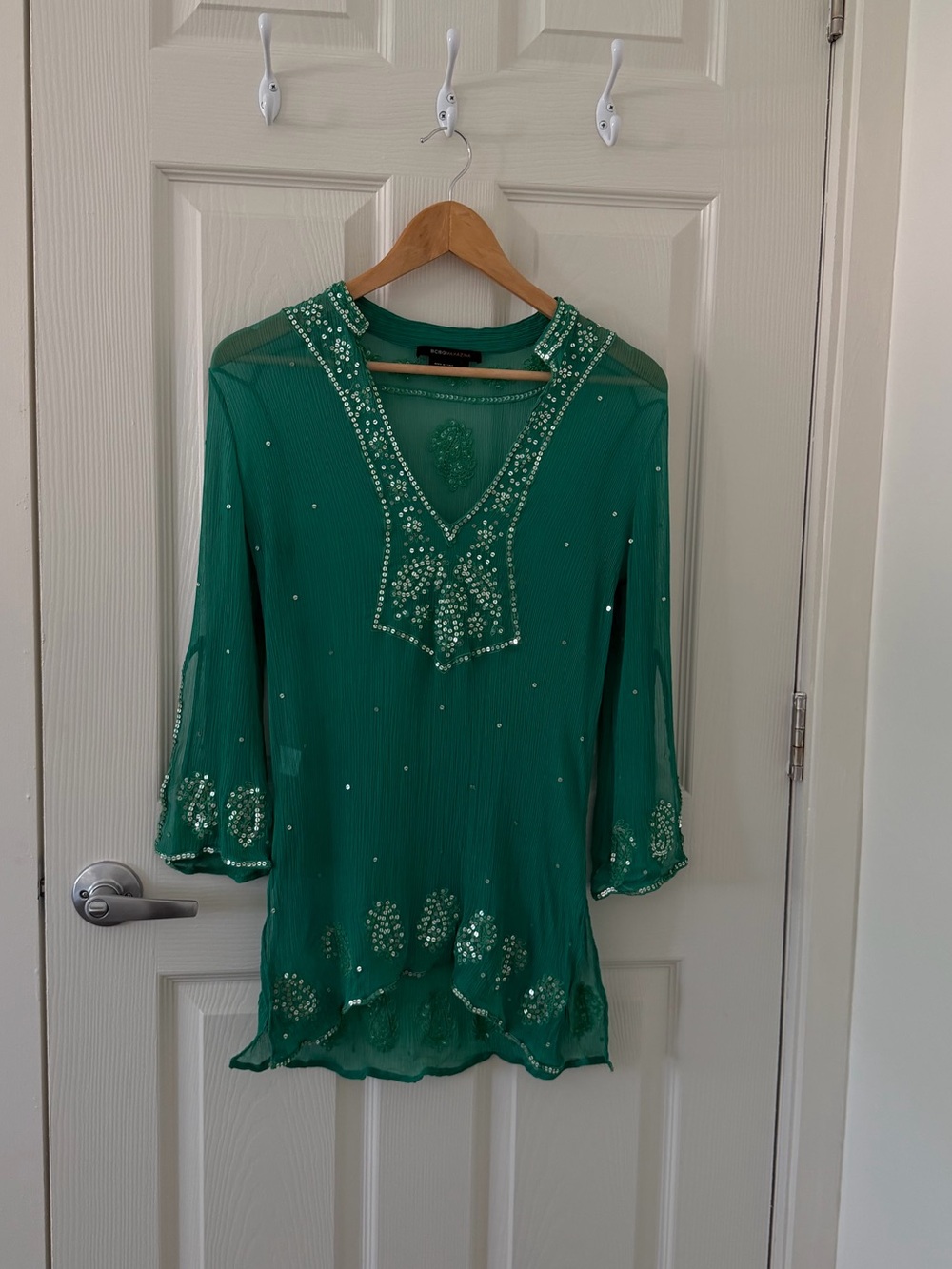 BCBGMaxAzria Emerald Green Beaded Sheer Silk Tunic